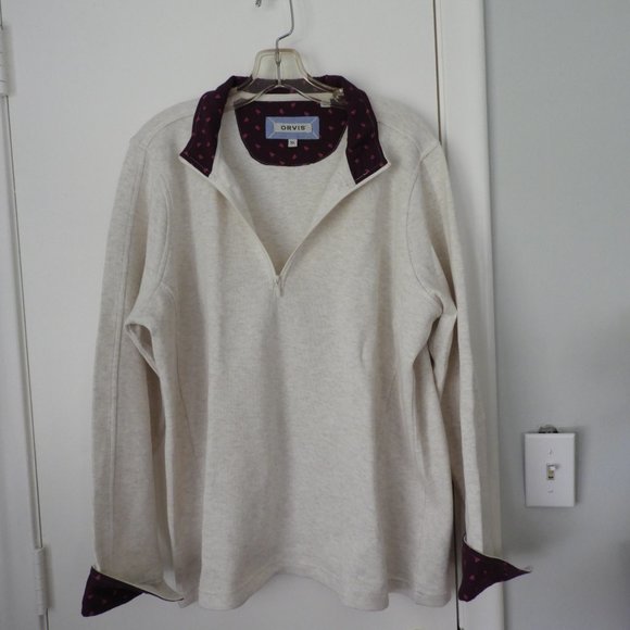 Orvis Quarter Zip pullover - oatmeal/cream with burgundy accents - Picture 1 of 5
